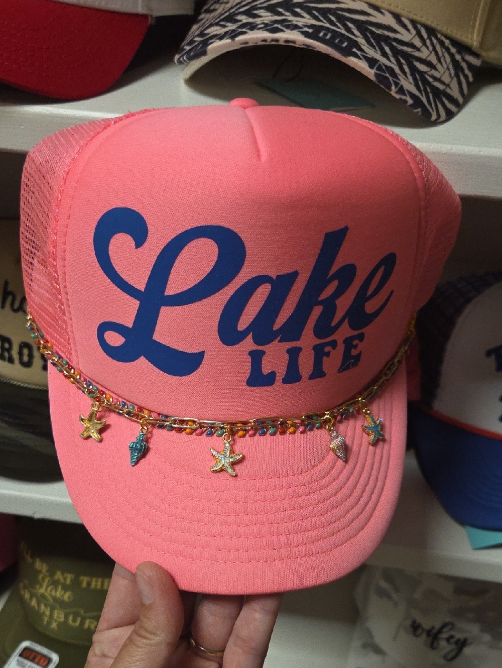 Lake Life Neon Pink Trucker Hat with Charm Chain